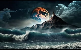 Картинка гора, рисованные, арт, море, океан, вода, ночь, темнота, луна, шторм, волна