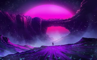 Картинка космос, пейзаж, фантастика, горы, свет, пурпурный, одиночество, галактика, звезды, природа