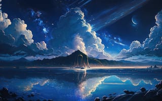 Картинка космос, облака, озеро, горы, ночь, звезды, природа, пейзаж, отражение, галактика