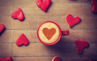 Обои День святого Валентина, любовь, подарок, романтика, сердце, чашка, надпись, кофе, пенка