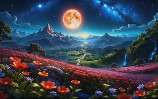 Картинка пейзаж, цветы, луна, горы, ночное небо, река, природа, космос, вода, звезды