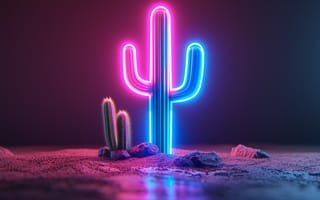 Картинка кактус, неон, пейзаж, фон, свет, пустыня, декор