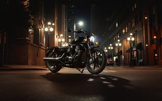 Картинка мотоцикл, ночь, город, освещение, транспорт, черный, пейзаж
