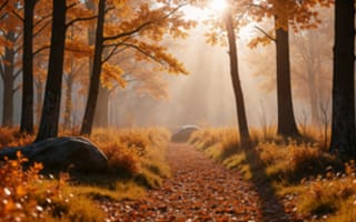 Картинка лес, осень, пейзаж, свет, природа, дорога, деревья, камни, туман, золотистый