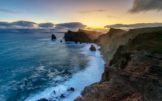 Картинка пейзаж, море, скалы, закат, природа, океан, берег