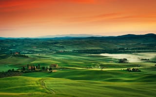 Картинка Тоскана, 5k, 4k, 8k, Италия, пейзаж, деревня, поле, закат, небо, трава