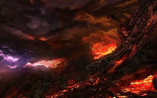 Картинка огонь, вулкан, лава, извержение, ночь, рисованные, арт