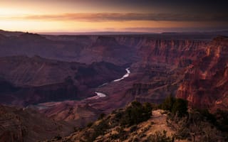 Картинка Гранд-Каньон, Большой Каньон, каньон, пейзаж, река Колорадо, Colorado, Arizona, США, горы, гора, природа, вечер, сумерки, закат, заход