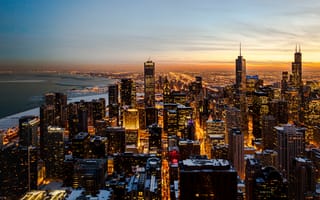 Картинка Чикаго, США, город, города, здания, небоскреб, высокий, здание, вечер, закат, заход, мегаполис, современный