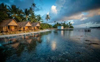 Картинка Бунгало,  пальмы,  облака,  вода,  французская полинезия,  риф,  HD,  4k