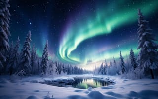 Картинка северное сияние, зима, лес, река, ночное небо, звезды, природа, пейзаж, снег, красота