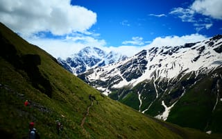 Картинка горы, природа, пейзаж, туризм, снег, небо, пешеходы