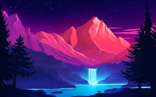 Картинка горы, водопад, природа, пейзаж, ночное небо, лес, красота