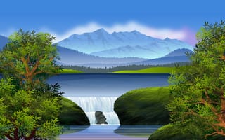 Картинка Пейзаж,  Графика,  Небо,  Озеро,  Горы,  Природа водопад