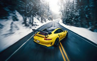 Картинка Porsche GT3 RS,  Зима,  Скорость,  Лес,  Дорога,  Трасса,  Желтый,  RS,  Gt3,  Porsche