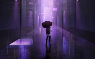 Картинка девушка, зонт, город, здания, рисованные, арт, ночь, темнота