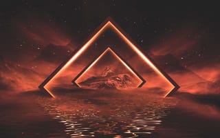 Картинка абстракция, пейзаж, горы, свет, водоем, космос, футуризм