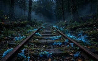 Картинка железная дорога, лес, грибы, мрак, природа, туман, синий