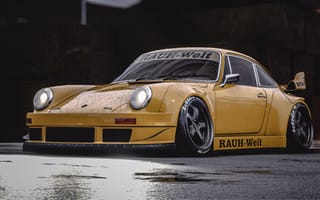 Картинка автомобиль, Porsche, желтый, тюнинг, спорткар, дождь, ночь