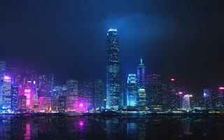 Картинка Гонконг, Китай, Бухта Виктория, города, здания, дома, город, небоскреб, высокий, здание, современный, ночной город, ночь, огни, подсветка, отражение