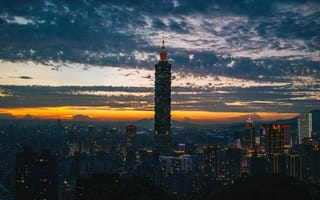 Картинка Тайбэй 101, Тайбэй, Тайвань, города, здания, дома, город, башня, небоскреб, высокий, здание, вечер, сумерки, закат, заход