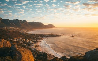 Картинка Кейптаун, Африка, океан, море, вода, природа, берег, побережье, песок, песчаный, пляж, гора, скала, вечер, закат, заход