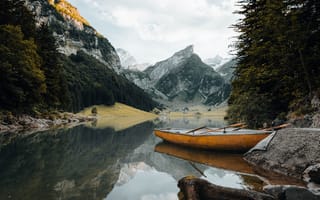 Картинка горы, гора, природа, вода, озеро, пруд, лодка, отражение