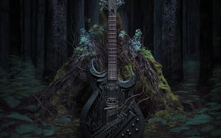 Картинка гитара, музыкальный инструмент, музыка, музыкальный, лес, ночь, темнота