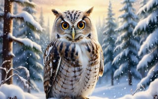 Картинка сова, зима, лес, снег, природа, животные, пейзаж