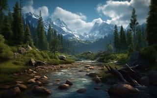 Картинка природа, горы, река, лес, пейзаж, небо, камни, водопад, отдых, пейзажный