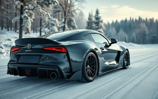 Картинка автомобиль, зима, черный, снег, пейзаж, спорткар, дорога