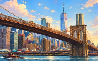 Картинка Бруклинский мост, Нью-Йорк, город, небо, река, архитектура, пейзаж, солнце, сити, корабль
