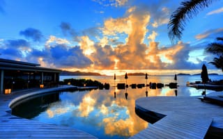 Картинка Сен-Бартелеми, Карибы, Карибские острова, отель, бассейн, закат, вечер, облака, облако, лето, летние