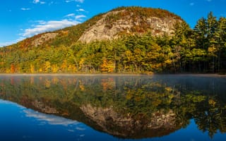 Картинка Осень-отражение,  Отражение,  Обои 4к,  Природа,  Река,  Туман,  Осень,  Осенняя пора