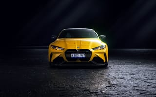 Картинка BMW, бмв, BMW M4, M4, машины, машина, тачки, авто, автомобиль, транспорт, вид спереди, спереди, желтый, ночь, темный, темнота