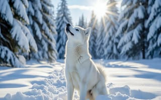 Картинка собака, зима, снег, лес, природа, свет, пейзаж, холод, белая, животное