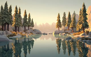 Картинка природа, лес, река, горы, пейзаж, отражение, пейзажный арт