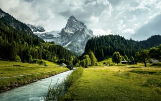 Картинка горы, гора, природа, Розенлауи, Швейцария, пейзаж, лес, деревья, дерево, река, облачно, облачный, облако, облака
