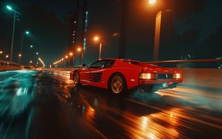 Картинка Ferrari Testarossa, Ferrari, Testarossa, машины, машина, тачки, авто, автомобиль, транспорт, спорткар, спортивный, скорость, быстрый, дорога, ночь, свечение, красный, AI Art, ИИ арт, цифровое, арт, сгенерированный, AI, ИИ