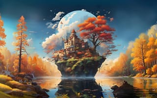 Картинка замок, рисованные, арт, гора, лес, деревья, дерево, природа, озеро, пруд, вода, река, осень, живопись, aрт