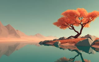 Картинка природа, дерево, осень, пейзаж, вода, горы, минимализм
