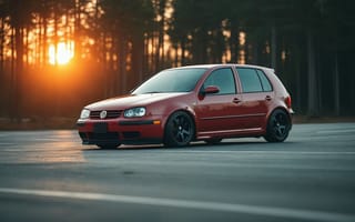 Картинка автомобиль, Volkswagen, красный, закат, дорога, стиль, тюнинг