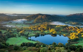Картинка пейзаж, природа, озеро, горы, лес, утро, небо