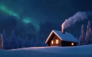 Картинка дом, зима, снег, ночь, северное сияние, лес, уют