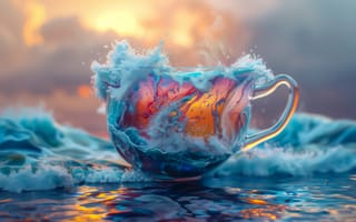 Картинка чашка, арт, вода, волна, океан, море, закат, разные