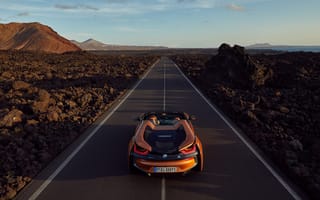 Картинка BMW I8, BMW, бмв, машины, машина, тачки, авто, автомобиль, транспорт, вид сзади, сзади, дорога, оранжевый