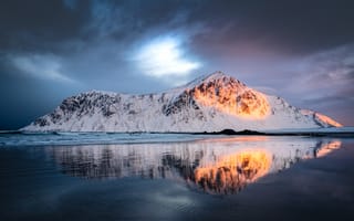 Картинка горы, природа, пейзаж, снег, отражение, закат, небо