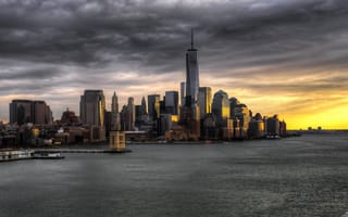 Картинка Нью Йорк, Нью-Йорк, город, здание, небоскреб, США, города, здания, вечер, сумерки, закат, заход, облачно, облачный, облака
