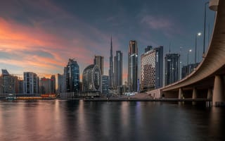Картинка Дубай, ОАЭ, Объединенные Арабские Эмираты, города, здания, дома, город, небоскреб, высокий, здание, вечер, сумерки, закат, заход