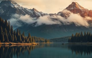 Картинка природа, горы, озеро, облака, лес, пейзаж, закат